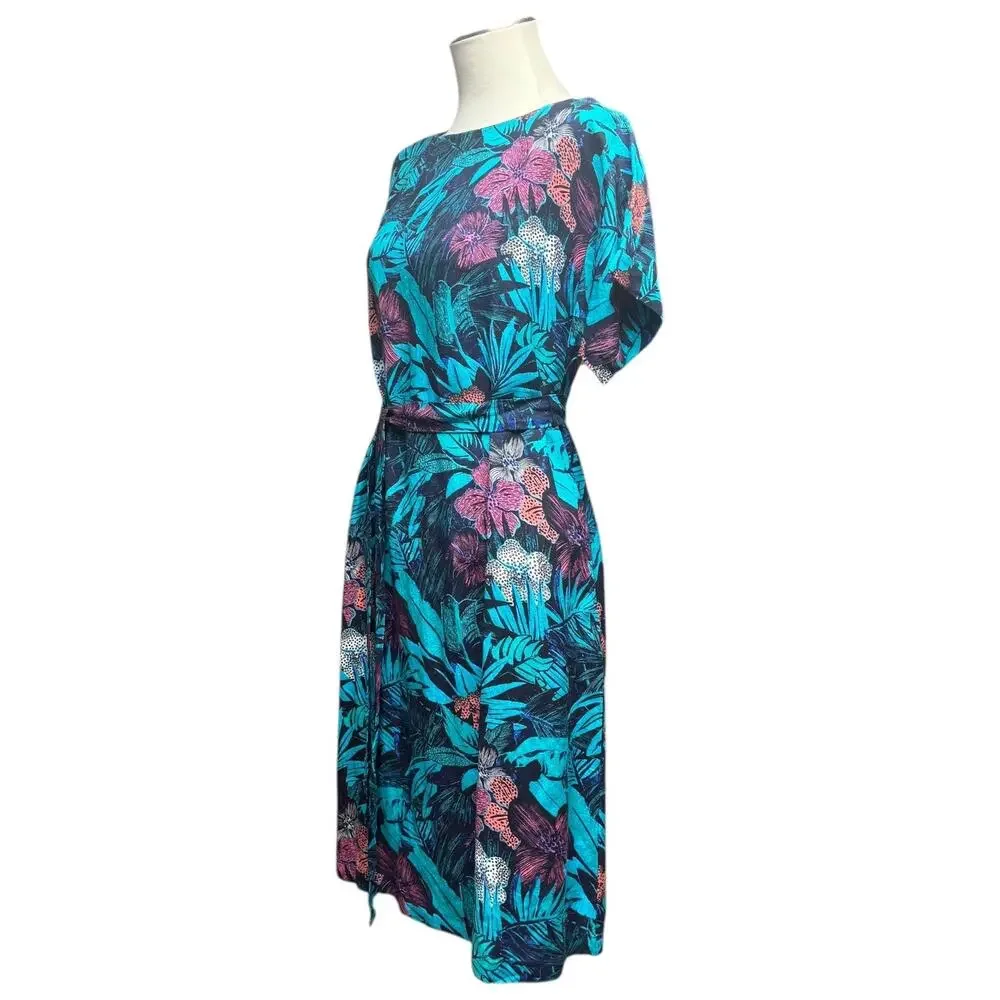 Ann Taylor Loft Linen Tropical Midi Dress Blue Green Pink Purple Small Petite